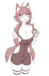  1girl ahoge animal_ear_fluff breasts brown_hair burunpuku collarbone eyelashes jacket large_breasts monochrome narrow_waist original short_hair simple_background skindentation solo suspenders_pull unconventional_overalls white_background zettai_ryouiki 