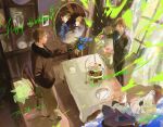  3boys ahoge america_(hetalia) artist_name ascot axis_powers_hetalia biscuit_(bread) black-framed_eyewear black_gloves black_jacket black_pants black_shoes blonde_hair bloom blue_eyes blue_flower blue_jacket blue_necktie blue_rose bouquet brown_hair brown_jacket brown_pants brownie_(food) cabinet cake cake_slice carpet chair closed_eyes closed_mouth collared_shirt commentary_request commission cookie cup cupcake curtains day different_reflection english_text epaulettes eyepatch flower food formal_clothes full_body fur-trimmed_jacket fur_trim glasses gloves green_eyes green_necktie hand_in_pocket hand_on_own_head hand_on_own_stomach hand_up happy_birthday hat highres holding holding_bouquet holding_kettle holding_plate indoors jacket jar kettle lapels laughing leaf long_sleeves looking_at_another macaron male_focus military_jacket military_uniform mini_hat mirror multiple_boys multiple_persona necktie open_clothes open_jacket open_mouth pants picture_frame plate pouring purple_hat purple_jacket rantsuuu red_jacket reflection rose semi-rimless_eyewear shadow shirt shoes short_hair sitting smile spirit standing suit suit_jacket sweatdrop table tablecloth tea teeth united_kingdom_(hetalia) white_ascot white_gloves white_shirt window wooden_floor yaoi 