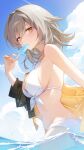  1girl alternate_costume bare_shoulders bikini black_jacket breasts brown_eyes cleavage cloud commentary day food from_side front-tie_bikini_top front-tie_top grey_hair hand_up highres holding holding_food holding_popsicle honkai:_star_rail honkai_(series) jacket large_breasts long_hair looking_at_viewer looking_to_the_side navel off_shoulder outdoors popsicle s0104y solo standing stelle_(honkai:_star_rail) stomach swimsuit trailblazer_(honkai:_star_rail) wading water wet white_bikini 