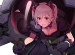  animal_ears black_cat_d.va black_gloves blush breasts breath brown_eyes cat_ears cleavage d.va_(overwatch) earrings facial_mark fake_animal_ears fang finger_on_trigger gloves grey_hair hair_ornament heart heart_earrings heavy_breathing highres jewelry large_breasts lino_chang overwatch parted_lips riding short_twintails solo sweat twintails 