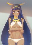  animal_ears bikini blush commentary_request crossed_arms facial_mark fate/grand_order fate_(series) hairband hude-pen jackal_ears long_hair looking_at_viewer navel nitocris_(fate/grand_order) purple_eyes purple_hair solo swimsuit very_long_hair white_bikini 