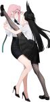  2girls absurdres animal_ears assertive_female belt black_belt black_hair black_pantyhose black_ribbon black_shoes black_skirt blunt_ends blush bowlegged_pose chinese_commentary closed_mouth collared_shirt commentary_request earrings eye_contact foot_kabedon foot_up full_body hair_ornament half_updo hand_up hands_up high_heels highres himesamanonete holding_another&#039;s_wrist hoshimi_miyabi jewelry kabedon loafers long_hair long_sleeves looking_at_another miniskirt multiple_girls neck_ribbon no_socks pantyhose pencil_skirt pink_eyes pink_hair pleated_skirt raised_inner_eyebrows red_eyes removing_eyewear ribbon shirt shirt_tucked_in shoes short_sleeves skirt tsukishiro_yanagi very_long_hair white_shirt yuri zenless_zone_zero 