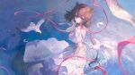  1girl absurdres bird blue_eyes dress highres kano_(hanayori_jyoshiryou) kano_(utaite) maccha_(mochancc) ribbon solo water white_dress 