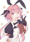  1boy ;d animal_ears astolfo_(fate) astolfo_(saber)_(fate) astolfo_(saber)_(third_ascension)_(fate) black_bow black_bowtie black_gloves bow bowtie fake_animal_ears fang fate/apocrypha fate/grand_order fate_(series) gloves hair_bow hair_intakes heart highres kokuya_(kokuya28) long_hair male_focus multicolored_hair one_eye_closed pink_hair purple_eyes rabbit_tail simple_background skin_fang smile solo star_(symbol) streaked_hair tail twintails upper_body v white_background white_hair 