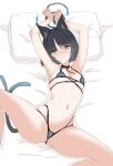  1girl 3: animal_ear_fluff animal_ears armpits arms_up ass_visible_through_thighs bare_arms bare_shoulders bed_sheet bikini black_choker black_hair blue_archive blue_bikini blue_halo blush breasts bright_pupils cat_ears cat_girl cat_tail choker closed_mouth commentary covered_nipples embarrassed feet_out_of_frame grey_eyes halo halterneck head_on_pillow highres kamitosayu kikyou_(blue_archive) kikyou_(swimsuit)_(blue_archive) looking_at_viewer medium_breasts multi-strapped_bikini_bottom multiple_tails navel nose_blush official_alternate_costume pillow short_hair simple_background skindentation solo spread_legs stomach swimsuit tail thighs two_tails white_background white_pupils 