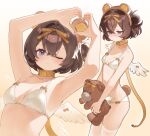  1girl angel_wings animal_ears armpits arms_up bare_arms bare_shoulders bear_ears belt belt_collar blush bra breasts brown_hair brown_hairband buckle collar cowboy_shot crossed_bangs fake_animal_ears from_side furrowed_brow gradient_background grey_eyes hair_between_eyes hair_bun hair_ribbon hairband heart heart_hands highres holding holding_stuffed_toy leash looking_at_viewer medium_breasts miebao mole mole_under_eye multiple_views one_eye_closed original panties ribbon short_hair single_side_bun snap-fit_buckle standing stuffed_animal stuffed_toy teddy_bear thighhighs underwear underwear_only upper_body white_bra white_panties white_thighhighs wings yellow_belt yellow_ribbon 