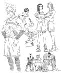  200_percent 3girls 6+boys aerith_gainsborough ball barret_wallace basketball_(object) basketball_uniform bench cait_sith_(final_fantasy) cat cid_highwind cigarette cloud_strife crossed_arms crown dribbling_(basketball) earrings final_fantasy final_fantasy_vii hair_ribbon highres holding holding_pom_poms jewelry long_hair mini_crown multiple_boys multiple_girls on_bench playing_sports pom_pom_(cheerleading) ponytail red_xiii ribbon shoes single_earring sitting smoking sneakers spiked_hair sportswear tattoo tifa_lockhart towel towel_on_head vincent_valentine yuffie_kisaragi 