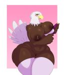  2018 absurd_res alcohol anthro avian bald_eagle beak belly beverage big_breasts big_butt big_thighs bikini bird blush border bottle breasts brown_feathers butt clothing digital_media_(artwork) eagle edit feathers female hi_res huge_breasts huge_hips legwear mostly_nude nipples non-mammal_breasts open_beak open_mouth pink_background pussy simple_background slightly_chubby smile solo sssonic2 swimsuit thick_thighs thigh_highs voluptuous white_border white_feathers wide_hips wine yellow_beak 