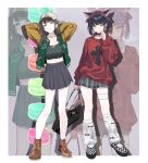  2girls :d absurdres airi_(blue_archive) alternate_costume animal_ears aqua_halo arms_behind_head black_choker black_hair black_skirt blue_archive blunt_bangs blunt_ends blush bob_cut boots border brown_boots brown_hair casual cat_ears cat_girl choker clenched_hand collarbone colored_inner_animal_ears colored_inner_hair commentary crop_top cross cross_print denim denim_shorts drop_shadow ears_through_headwear extra_ears eyelashes food full_body green_eyes green_halo grey_background grey_hat grin halo hand_up hat headscarf highres jewelry kazusa_(blue_archive) lace-up_boots long_hair looking_at_viewer loose_socks macaron midriff miniskirt multicolored_hair multiple_girls navel necklace outside_border peaked_cap pink_hair pink_halo pleated_skirt print_sweater red_eyes red_sweater short_hair short_shorts shorts side-by-side signallerc simple_background skirt smile socks standing sweater tsurime two-tone_hair white_border zoom_layer 