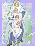  4boys absurdres ahoge america_(hetalia) american_flag axis_powers_hetalia bishie_sparkle black_shoes blonde_hair blue_eyes blue_pants border canada_(hetalia) canadian_flag chiqma0 closed_mouth collarbone commentary_request fingernails france_(hetalia) french_flag full_body glasses green_eyes grey-framed_eyewear grey_shoes hand_up highres long_sleeves looking_at_viewer male_focus matching_outfits multiple_boys one_eye_closed open_mouth outside_border pants polka_dot polka_dot_background puffy_long_sleeves puffy_sleeves purple_border purple_eyes semi-rimless_eyewear shadow shirt shoes short_hair sitting smile sparkle star_(symbol) teeth union_jack united_kingdom_(hetalia) v v-shaped_eyebrows white_shirt 