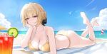  1girl absurdres alternate_costume armpit_crease bare_shoulders beach_towel bikini black_bow blonde_hair blue_sky blush bow breasts closed_mouth collarbone commentary cup day drinking_glass drinking_straw evelyn_chevalier hair_bow highres large_breasts looking_at_viewer lying myumyu431 navel on_stomach outdoors purple_eyes revision short_hair sky smile solo stomach swimsuit the_pose thighs towel yellow_bikini zenless_zone_zero 