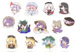  6+girls ajirogasa apron arm_cannon arm_ribbon arm_up bat_wings bead_necklace beads belt black_boots black_dress black_eyes black_hair black_hat black_shoes black_socks blonde_hair blue_dress blue_hairband blue_hat blue_kimono blush boots bow bow_(weapon) bowl bowl_hat braid brown_belt brown_hair brown_hairband brown_hat brown_skirt chibi chibi_only chinese_clothes cloak closed_mouth collared_dress commentary_request constellation_print crescent crescent_print cross dalachi_(headdress) detached_sleeves dress earmuffs floating_clothes floating_hair floral_print flying frills full_body gradient_hair green_apron green_belt green_bow green_dress green_hairband green_headscarf green_skirt grey_hair hair_between_eyes hair_bow hair_ornament hairband hand_up hands_in_opposite_sleeves haniyasushin_keiki hat hat_ribbon headscarf highres hijiri_byakuren hitodama holding holding_baton holding_bow_(weapon) holding_weapon houraisan_kaguya japanese_clothes jewelry junko_(touhou) kimono kirby_(tiokirby) korean_commentary layered_sleeves leaf leaf_hair_ornament leg_ribbon long_hair long_sleeves looking_at_viewer looking_to_the_side low-braided_long_hair low-tied_long_hair magatama magatama_necklace mandarin_collar maple_leaf matara_okina mirror mob_cap moon_print multicolored_dress multicolored_hair multicolored_hairband multiple_girls neck_ribbon necklace nurse_cap orange_dress orange_hairband orange_sleeves orange_tabard parted_bangs patchwork_clothes phoenix_print pink_dress pink_hair pink_kimono pink_shirt pocket pointy_hair pom_pom_(clothes) puffy_long_sleeves puffy_short_sleeves puffy_sleeves purple_boots purple_cloak purple_dress purple_hair purple_hairband purple_skirt rainbow_order red_cloak red_dress red_hairband red_ribbon red_shirt red_tabard reiuji_utsuho remilia_scarlet ribbon ritual_baton saigyouji_yuyuko shirt shoes short_hair short_over_long_sleeves short_sleeves sidelocks simple_background sitting sitting_on_throne skirt sky_print smile socks sorcerer&#039;s_sutra_scroll stage_connection standing starry_sky_print sukuna_shinmyoumaru tabard tassel tenkyuu_chimata third_eye touhou toyosatomimi_no_miko triangular_headpiece turtleneck turtleneck_dress two-sided_cloak two-sided_fabric two-tone_dress v-shaped_eyebrows veil very_long_hair wavy_hair weapon white_background white_belt white_cloak white_dress white_hat white_shirt white_shoes wide_sleeves wings wood_carving_tool yagokoro_eirin yasaka_kanako yellow_dress yellow_hairband yellow_ribbon 