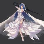  ahoge arm_up armpits bangs bare_shoulders blue_eyes blue_hair breasts bridal_veil character_name commentary covered_navel dress dual_wielding elbow_gloves emerald eyebrows_visible_through_hair floating_hair floral_print flower full_body gem gloves grey_background gun hair_between_eyes halterneck head_tilt highres holding holster leg_up light_smile long_dress long_hair looking_at_viewer maria_traydor medium_breasts outstretched_arm over_shoulder parted_lips pointing pointing_at_viewer pointing_weapon print_dress print_legwear rose rose_print solo standing standing_on_one_leg star_ocean star_ocean_anamnesis star_ocean_till_the_end_of_time thigh_holster thighhighs ushas veil very_long_hair weapon weapon_over_shoulder wedding_dress white_flower white_footwear white_gloves white_legwear white_rose 
