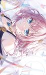  1girl absurdres bare_shoulders blue_butterfly blue_eyes bug butterfly ceremonial_blade_(honkai:_star_rail) commentary cyrene_(honkai:_star_rail) hand_up highres honkai:_star_rail honkai_(series) looking_at_viewer mahiru_yura medium_hair parted_lips pink_hair portrait red_butterfly shirt smile solo white_shirt 