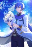  1boy absurdres anniversary belt black_belt blue_eyes blue_hair blue_nails blue_pants blue_scarf blue_wrist_cuffs bouquet character_name closed_mouth commentary cowboy_shot dated hair_between_eyes happy_anniversary headset highres holding holding_bouquet jacket kaito_(vocaloid) kaito_(vocaloid3) light_particles maima_(rrs_0222) male_focus pants scarf short_hair smile solo vocaloid white_jacket wrist_cuffs 