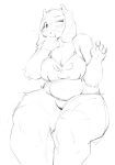 4_fingers anthro aruurara big_ears black_and_white blush boss_monster breasts caprine clothed clothing eyelashes female floppy_ears front_view fully_clothed fur guide_lines hi_res horn mammal monochrome nervous one-piece_swimsuit one_eye_closed open_mouth open_smile simple_background sitting sketch slightly_chubby smile solo swimsuit thick_thighs toriel undertale video_games white_background 