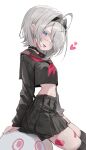  1girl absurdres ahoge alternate_costume bandaid_on_thigh black_choker black_sailor_collar black_serafuku black_shirt black_skirt black_survival black_thighhighs blue_eyes choker colored_eyelashes crop_top crop_top_overhang eternal_return:_black_survival eyepatch face_piercing grey_hair hair_over_one_eye hairband heart highres kerno long_sleeves looking_at_viewer medical_eyepatch medium_hair midriff mouth_piercing navel neckerchief open_mouth piercing pleated_skirt red_neckerchief sailor_collar school_uniform serafuku shirt simple_background sissela_kyle sitting skirt solo thighhighs tongue tongue_out white_background white_eyelashes wilson_(black_survival) zettai_ryouiki 