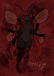 4_arms absurd_res antennae_(anatomy) anthro arthropod bee bow_ribbon breasts clothing clown creepy creepy_face cumcadaver eyeliner fangs female food genitals gloves hair handwear hi_res hymenopteran insect kusatta_(cumcadaver) larva legwear long_hair maggot makeup mascara meat mismatched_socks multi_arm multi_limb red_hair scar slim solo teeth thigh_highs vulture_bee vulva wings