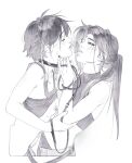  2girls bare_shoulders belt black_belt black_collar black_hair black_panties black_tank_top blowing_smoke braid cigarette closed_eyes clothes_lift clothing_cutout collar colored_tips crop_top ear_piercing forehead_jewel from_side genderswap genderswap_(mtf) genshin_impact greyscale hand_on_another&#039;s_arm highres holding holding_cigarette holding_leash leash loose_hair_strand monochrome multicolored_hair multiple_girls nicnicroute nipples off-shoulder_shirt off_shoulder open_mouth panties piercing ponytail shirt shirt_lift short_hair shoulder_cutout smoke stomach tank_top underwear venti_(genshin_impact) white_background xiao_(genshin_impact) yuri 