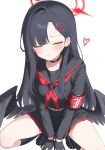  1girl armband black_choker black_gloves black_hair black_sailor_collar black_serafuku black_skirt black_socks black_wings blue_archive blush breasts choker closed_eyes closed_mouth collarbone feathered_wings gloves hair_ornament hairclip halo heart highres ichika_(blue_archive) long_hair long_sleeves low_wings neckerchief peacem4ker pleated_skirt red_armband red_halo red_neckerchief sailor_collar school_uniform serafuku shirt skirt smile socks solo sweat very_long_hair white_background wings 
