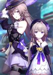  2girls absurdres aviary bare_shoulders beret black_hat blurry blurry_background breasts choker closed_mouth clothing_cutout commentary cowboy_shot detached_sleeves dress flower grey_hair grey_pantyhose hand_up hat hat_flower herta_(honkai:_star_rail) herta_(puppet)_(honkai:_star_rail) highres honkai:_star_rail honkai_(series) long_hair long_sleeves multiple_girls open_mouth pantyhose purple_choker purple_eyes purple_flower revision shoulder_cutout small_breasts smile standing the_herta_(honkai:_star_rail) very_long_hair witch_hat 