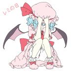  1girl absurdres ascot bat_wings bloomers blue_hair blush bow brooch charisma_guard closed_mouth collared_shirt commentary footwear_bow frilled_shirt_collar frills hands_on_headwear hat hat_ribbon highres jewelry mob_cap pink_hat pink_shirt pink_shoes pink_skirt pioartstuff red_ascot red_bow red_ribbon remilia_day remilia_scarlet ribbon shirt shoes short_sleeves skirt sleeve_bow socks touhou translated upskirt white_bloomers white_socks wings 