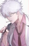  1boy brown_necktie cigarette collared_shirt gintama glasses grey_eyes hair_between_eyes highres hisknn holding holding_pen male_focus mouth_hold necktie pen pink_shirt sakata_gintoki shirt short_hair simple_background smoking solo white_background white_hair 