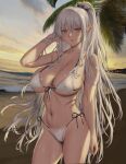  1girl ariane_glenys_maple beach bikini breasts cleavage collarbone commentary covered_nipples elf front-tie_bikini_top front-tie_top gaikotsu_kishi-sama_tadaima_isekai_e_odekake-chuu hair_between_eyes hand_up highres jeneral large_breasts long_hair navel ocean pointy_ears ponytail side-tie_bikini_bottom solo standing stomach sunset swimsuit thighs very_long_hair wet white_bikini yellow_eyes 