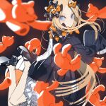  1girl abigail_williams_(fate) black_background black_bow black_dress black_shoes blonde_hair bloomers blue_eyes bow closed_mouth commentary_request dress fate/grand_order fate_(series) hair_bow highres long_hair looking_at_viewer orange_bow shoes simple_background sleeves_past_fingers sleeves_past_wrists solo stuffed_animal stuffed_toy teddy_bear urito010 