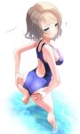  1girl absurdres adjusting_clothes adjusting_swimsuit ass blue_eyes blue_one-piece_swimsuit commentary_request competition_swimsuit feet_out_of_frame from_behind grey_hair highres love_live! love_live!_sunshine!! one-piece_swimsuit racerback scopedog_12 short_hair simple_background solo swimsuit watanabe_you water white_background 
