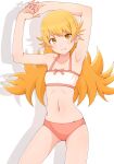  1girl absurdres armpits arms_up bakemonogatari bikini blonde_hair closed_mouth collarbone fang highres ito_kashiwamochi long_hair looking_at_viewer monogatari_(series) navel official_alternate_costume oshino_shinobu pink_bikini solo stomach swimsuit white_bikini yellow_eyes 