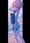  1girl arimura_mao beach blue_eyes breasts feet_out_of_frame from_side gakuen_idolmaster hand_in_own_hair highres idolmaster light_smile long_sleeves looking_back medium_breasts outdoors pillarboxed pink_hair rash_guard short_hair sidelighting solo swimsuit yoshimi_kaho 