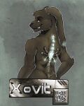 absurd_res anthro black_nose chumbasket cybernetics fur grey_body grey_ears grey_eyes grey_fur grin hi_res lagomorph leporid looking_at_viewer machine male male_anthro mammal narrowed_eyes nude qr_code rabbit rear_view smile solo standing whiskers xovit