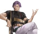  1boy black_shirt bracelet crossed_legs duryodhana_(fate) earrings facial_hair fate/grand_order fate_(series) goatee goatee_stubble hair_ornament hairclip highres indian_clothes jewelry male_focus midriff navel open_mouth pants potato_goril purple_eyes purple_hair sash shirt short_hair shoulder_sash simple_background single_earring sitting smile solo stubble toned toned_male white_background 