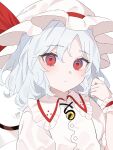  1girl absurdres bat_wings blue_hair brooch collared_shirt frilled_shirt_collar frills hat hat_ribbon highres homura_(homura_me) jewelry looking_at_viewer mob_cap pink_hat pink_shirt puffy_short_sleeves puffy_sleeves red_eyes red_ribbon remilia_day remilia_scarlet ribbon shirt short_hair short_sleeves simple_background solo touhou upper_body white_background wings wrist_cuffs 