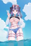  1girl bare_shoulders belt bikini bikini_top_only black_bikini black_bow blue_nails blue_sky blush bow breasts choker cleavage closed_mouth cloud commentary commission day denim denim_shorts english_commentary eyewear_on_head fang fieryonion frilled_hairband frills hair_bow hair_rings hairband hand_on_own_hip hand_up harness highres hime_cut horns large_breasts light_particles light_smile long_hair long_sleeves looking_at_viewer micro_shorts mole mole_under_eye multicolored_hair nail_polish navel off_shoulder outdoors pink_belt pink_choker purple_hair red_eyes round_eyewear shirt shorts shune_(virtual_hertz) skin_fang sky solo standing stomach streaked_hair sunlight swimsuit thighs tinted_eyewear underboob v virtual_hertz virtual_youtuber wading water white_hairband white_shirt white_streaks 