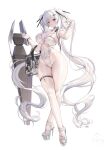  1girl absurdres bag black_choker blush bodysuit breasts choker cinderella_(nikke) cleavage clothing_cutout commentary crossed_legs dress full_body goddess_of_victory:_nikke groin hair_ornament hair_over_one_eye high_heels highleg highleg_leotard highres jewelry large_breasts leotard long_hair looking_at_viewer navel red_eyes see-through_clothes short_dress shoulder_bag simple_background skindentation solo subong sunglasses symbol-only_commentary thighlet twintails very_long_hair white_background white_bodysuit white_dress white_hair 