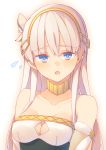  :o anastasia_(fate/grand_order) bare_shoulders blue_eyes blush breasts cleavage cleavage_cutout collar collarbone commentary_request fate/grand_order fate_(series) hair_ribbon hairband hude-pen long_hair ribbon silver_hair small_breasts solo sweatdrop 