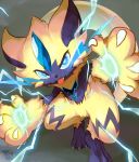  2018 3_toes 4_fingers ambiguous_gender blue_eyes claws fur grey_background nintendo pok&eacute;mon pok&eacute;mon_(species) simple_background solo standing teeth toes tongue tongue_out tuft video_games whiskers yellow_fur yoshiya zeraora 