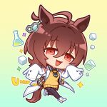  1girl agnes_tachyon_(umamusume) ahoge animal_ear_piercing animal_ears bandolier beaker belt black_necktie black_pantyhose black_shirt brown_hair chemical_structure chibi chibi_only collared_shirt commentary_request earrings erlenmeyer_flask flask full_body hair_between_eyes highres horse_ears horse_girl horse_tail jewelry lab_coat long_sleeves looking_at_viewer mazu1kan necktie open_clothes open_mouth pantyhose red_eyes shirt shoes single_earring sleeves_past_fingers sleeves_past_wrists solo sweater_vest tail test_tube umamusume white_shoes yellow_sweater_vest 