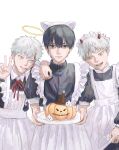  2boys alternate_costume angel_and_devil apron black_dress black_eyes black_hair blood blood_on_face cl3oud clone crossdressing crossdressing_(mtf) dress enmaided grey_eyes hair_between_eyes halo hashtag-only_commentary highres hikaru_(hikaru_ga_shinda_natsu) hikaru_ga_shinda_natsu holding holding_plate horns looking_at_another looking_at_object looking_at_viewer maid maid_apron maid_headdress male_focus male_maid mole mole_on_cheek mole_on_neck mole_under_eye mole_under_mouth multiple_boys multiple_moles plate pumpkin red_horns short_hair traditional_halo tsujinaka_yoshiki upper_body v white_apron white_hair yellow_halo 