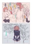  1boy 2girls ahoge black_scrunchie chaldea_uniform fate/grand_order fate_(series) fujimaru_ritsuka_(female) fujimaru_ritsuka_(female)_(polar_chaldea_uniform) glasses gloves hair_ornament hair_scrunchie highres jacket kak_hac lab_coat long_hair long_sleeves mash_kyrielight multiple_girls ofuda one_side_up open_mouth orange_hair ponytail purple_eyes purple_hair romani_archaman scrunchie short_hair side_ponytail skirt smile 