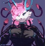 antennae_(anatomy) anthro black_sclera blue_body blue_eyes blue_fur bodysuit clothing ear_piercing ear_ring eeveelution female fur generation_6_pokemon hair hand_on_chest holographic latex latex_bodysuit latex_clothing latex_skinsuit nintendo piercing pink_hair pokemon pokemon_(species) purple_background ring_piercing simple_background sinisterheaven skinsuit smile solo sylveon tight_clothing white_body white_fur wire