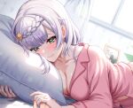  1girl bed_sheet blush braid breasts cleavage closed_mouth collarbone commentary_request day fingernails genshin_impact green_eyes grey_hair hair_ornament holding holding_hands indoors jewelry large_breasts light_smile long_sleeves looking_at_viewer lying no-ba noelle_(genshin_impact) on_side orange_nails out_of_frame pajamas pants picture_frame pillow pink_pajamas pink_pants pink_shirt ring shield_hair_ornament shirt smile solo white_hair window 