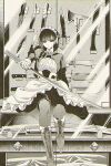  1girl apron boots braid breasts closed_mouth commentary_request earrings gloves hair_ribbon highres holding holding_sword holding_weapon jacket jewelry katana kimi_wa_meido-sama large_breasts long_hair looking_at_viewer maid maid_headdress monochrome pantyhose ribbon shirt shotan sitting skirt solo sword weapon yuki_(kimi_wa_meido-sama) 