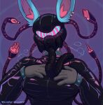 ambiguous_gender anthro blue_body blue_fur bodysuit breath clothing ear_piercing ear_ring eeveelution fur gas_mask generation_6_pokemon hand_on_chest hypnosis hypnotic_visor inner_ear_fluff latex latex_bodysuit latex_clothing latex_skinsuit mask mind_control nintendo piercing pink_inner_ear_fluff pokemon pokemon_(species) purple_background ring_piercing simple_background sinisterheaven skinsuit solo sylveon tight_clothing tuft wire