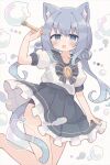 1girl :d absurdres animal_ear_fluff animal_ears black_panties blue_bow blue_bowtie blue_eyes blue_hair blue_sailor_collar blue_skirt blush bow bowtie bubble cat_ears cat_girl cat_tail colon_br commentary_request cowboy_shot frilled_skirt frills highres leg_up long_hair looking_at_viewer low_twintails open_mouth original panties pantyshot pleated_skirt sailor_collar school_uniform serafuku shirt short_sleeves simple_background skirt smile solo standing standing_on_one_leg tail twintails twitter_username underwear white_background white_shirt 