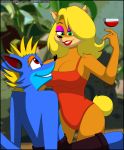  2017 alcohol anthro bandicoot bathsuit beverage big_breasts blonde_hair blue_fur breasts clothed clothing crash_bandicoot crash_bandicoot_(series) eyelashes female fur green_eyes hair huge_breasts lipstick long_hair makeup male mammal marsupial orange_fur pants red_eyes tawna_bandicoot verona7881 video_games wine 