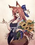  1girl aliceechka animal_ear_fluff animal_ears blush bouquet breasts cleavage cowboy_shot dress fate/grand_order fate_(series) flower fox_ears fox_girl fox_tail hair_ornament hair_ribbon hairpin highres holding holding_bouquet holding_petal large_breasts long_hair looking_at_viewer multiple_hairpins petals pink_hair ribbon shirt smile solo sunflower tail tamamo_(fate) tamamo_no_mae_(fate) yellow_eyes 