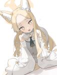  1girl :d absurdres ainkun all_fours animal_ears blonde_hair blue_archive bow detached_sleeves forehead fox_ears fox_girl green_eyes halo heart highres long_hair long_sleeves looking_at_viewer necktie open_mouth pantyhose pink_eyes seia_(blue_archive) simple_background sleeves_past_fingers sleeves_past_wrists smile solo striped_clothes striped_pantyhose vertical-striped_clothes vertical-striped_pantyhose white_background white_bow white_sleeves yellow_bow yellow_halo 